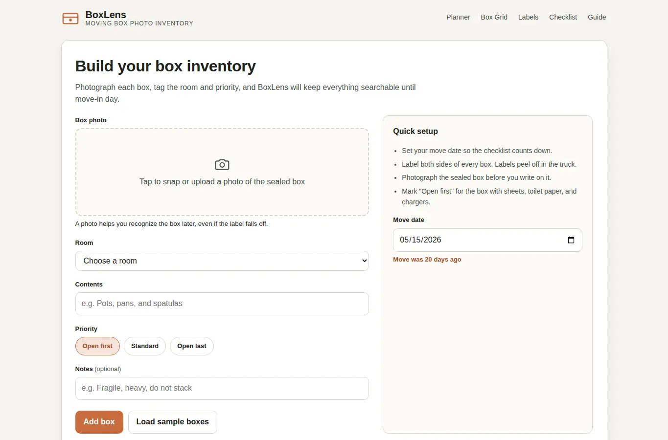 Screenshot of BoxLens: Moving Box Photo Inventory interface showing the project page in use